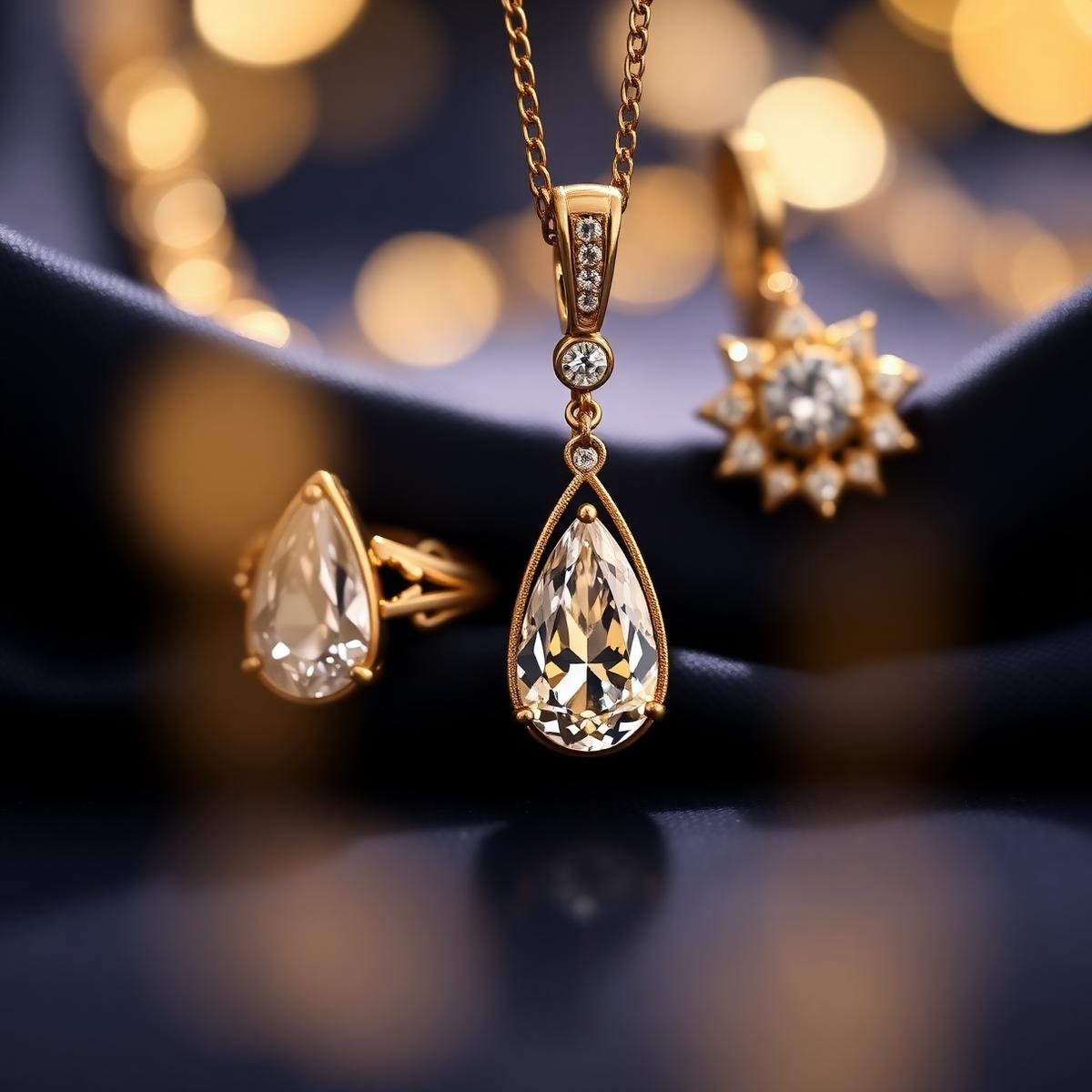Sparkling gold and diamond jewellery on navy silk